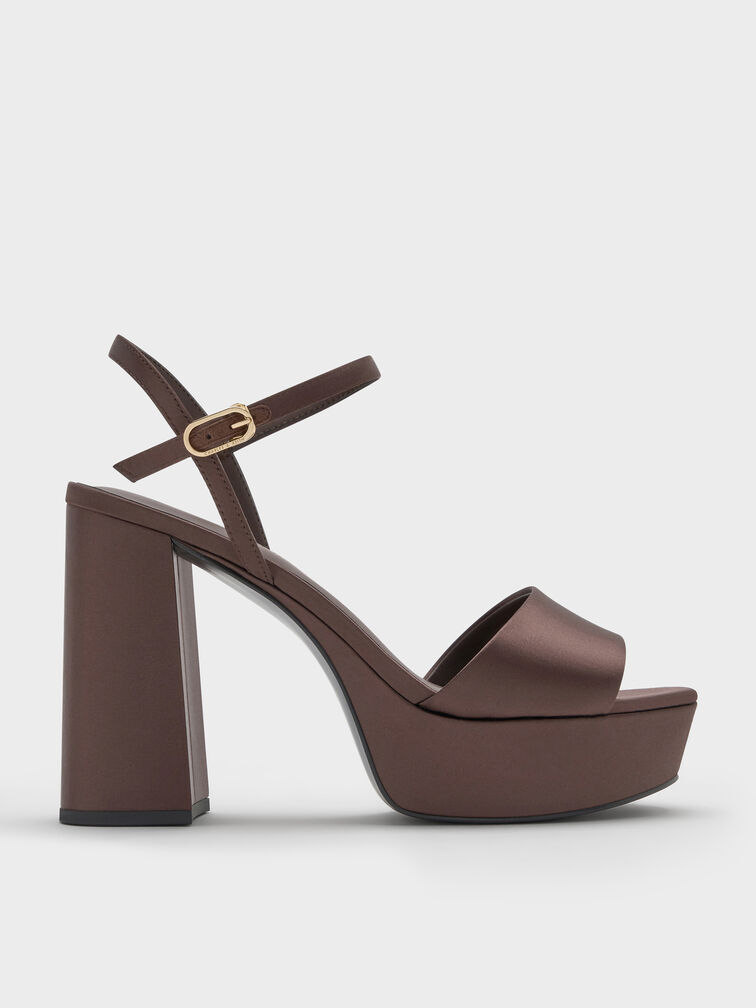 Satin Block-Heel Platform Sandals, Dark Brown Textured, hi-res