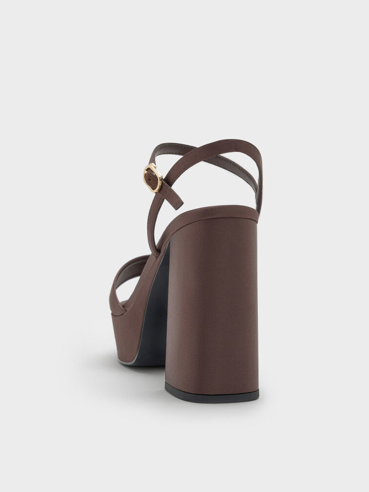 Satin Block-Heel Platform Sandals, Dark Brown Textured, hi-res