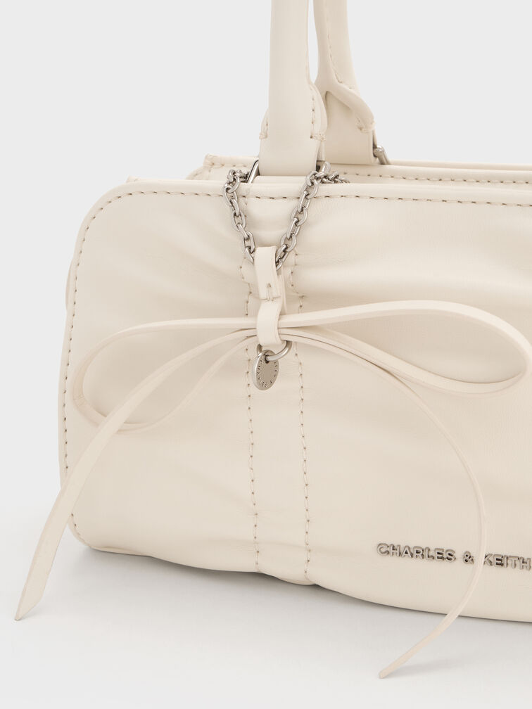Kadee Ruched Bow-Charm Bowling Bag, Cream, hi-res