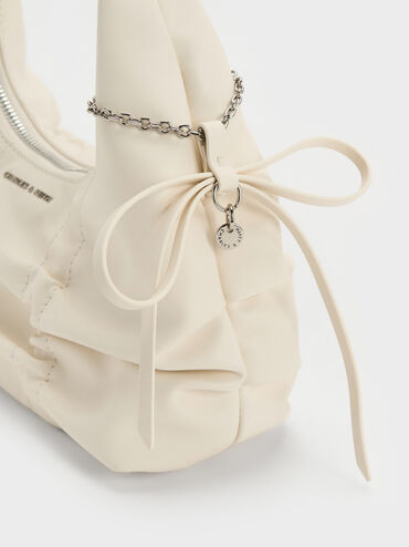 Kadee Ruched Bow-Charm Hobo Bag, Cream, hi-res