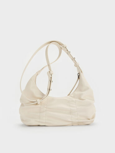 Kadee Ruched Bow-Charm Hobo Bag, Cream, hi-res