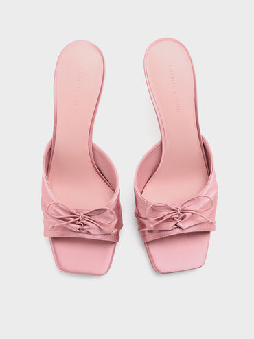 Satin Ruched Bow Heeled Mules, Pink, hi-res