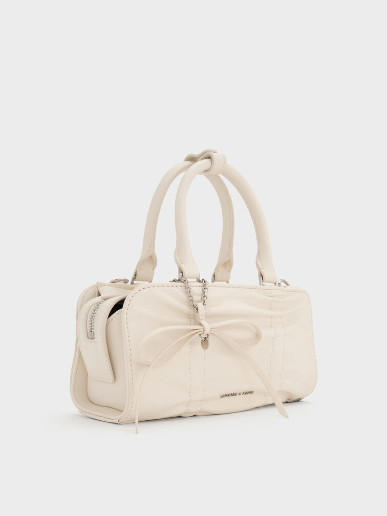 Kadee Ruched Bow-Charm Bowling Bag, Cream, hi-res