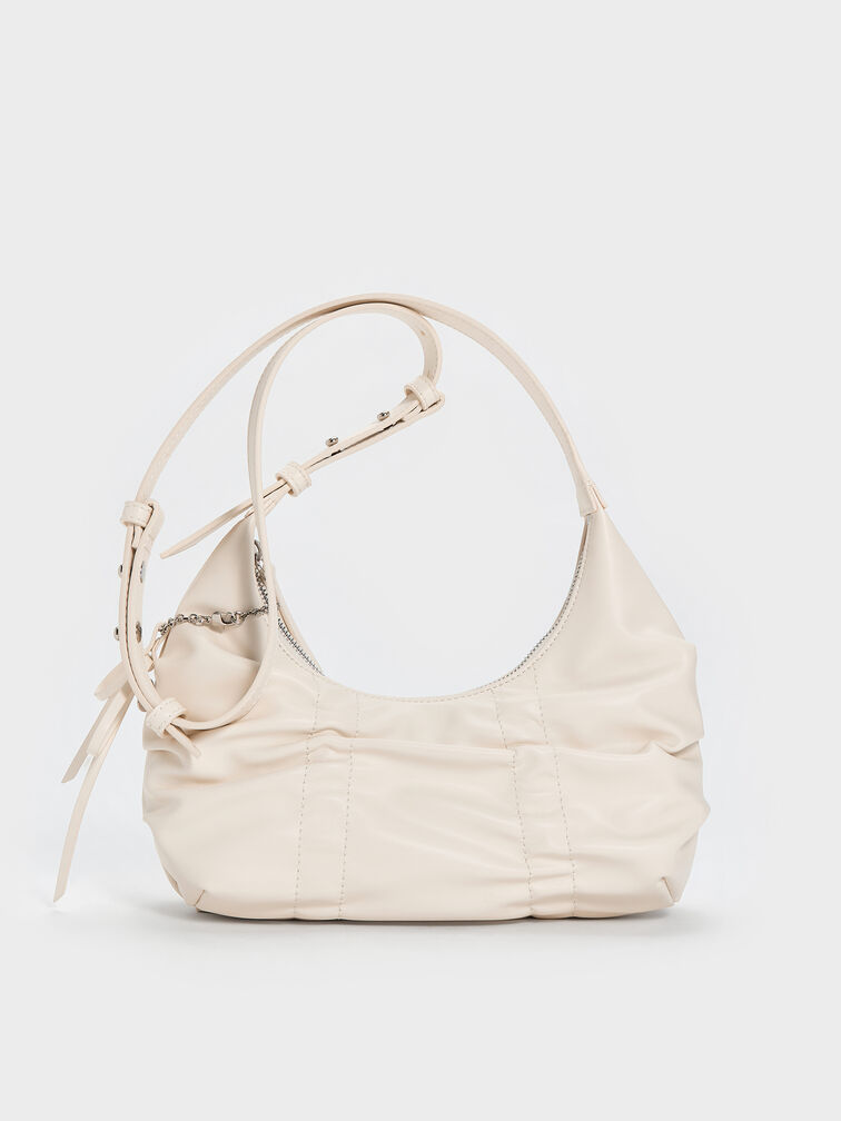 Kadee Ruched Bow-Charm Hobo Bag, Cream, hi-res
