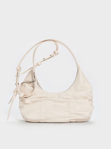 Kadee Ruched Bow-Charm Hobo Bag, Cream, hi-res