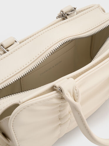 Kadee Ruched Bow-Charm Bowling Bag, Cream, hi-res