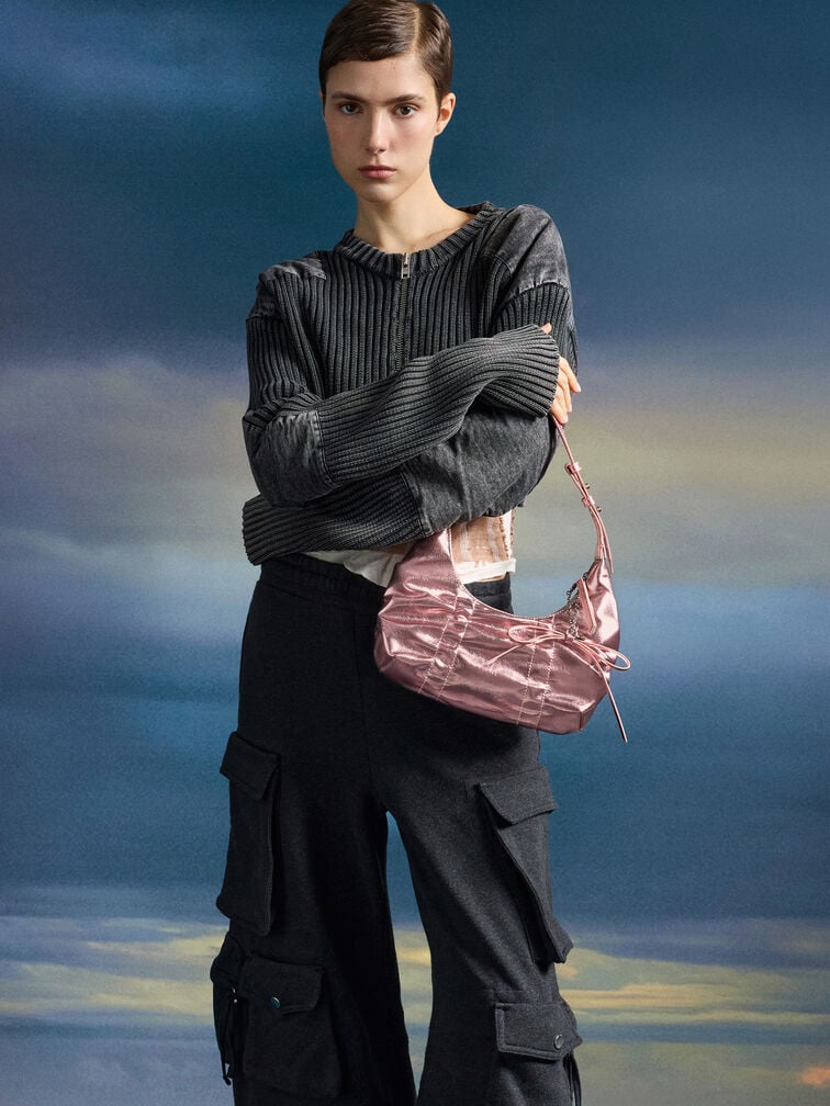 Kadee Metallic Ruched Bow-Charm Hobo Bag, Aura Pink, hi-res