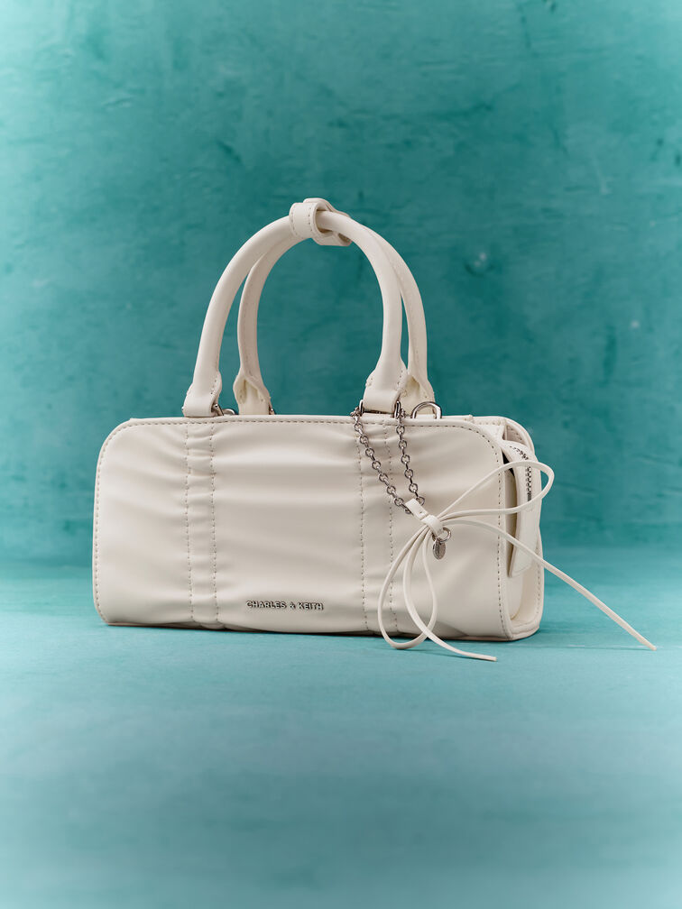 Kadee Ruched Bow-Charm Bowling Bag, Cream, hi-res