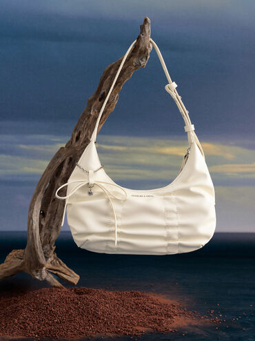 Kadee Ruched Bow-Charm Hobo Bag, Cream, hi-res