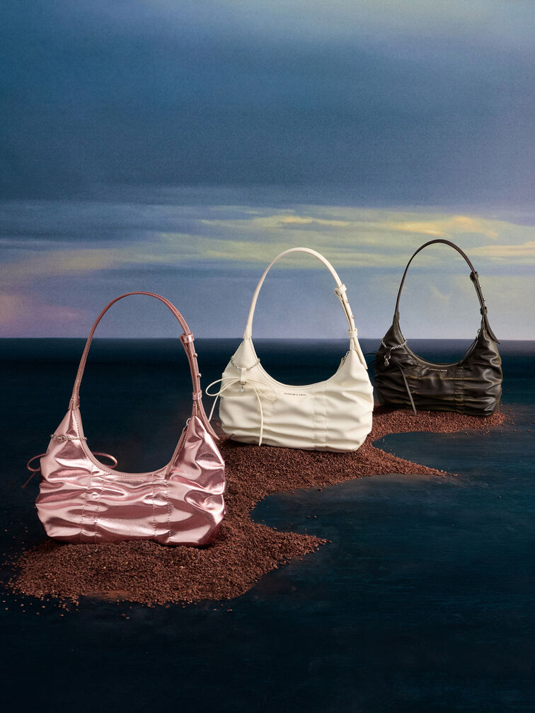 Kadee Ruched Bow-Charm Hobo Bag, Cream, hi-res