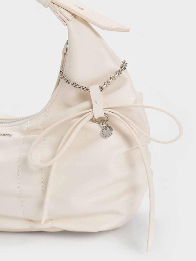 Kadee Ruched Bow-Charm Hobo Bag, Cream, hi-res