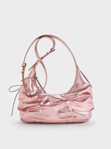 Kadee Metallic Ruched Bow-Charm Hobo Bag, Aura Pink, hi-res