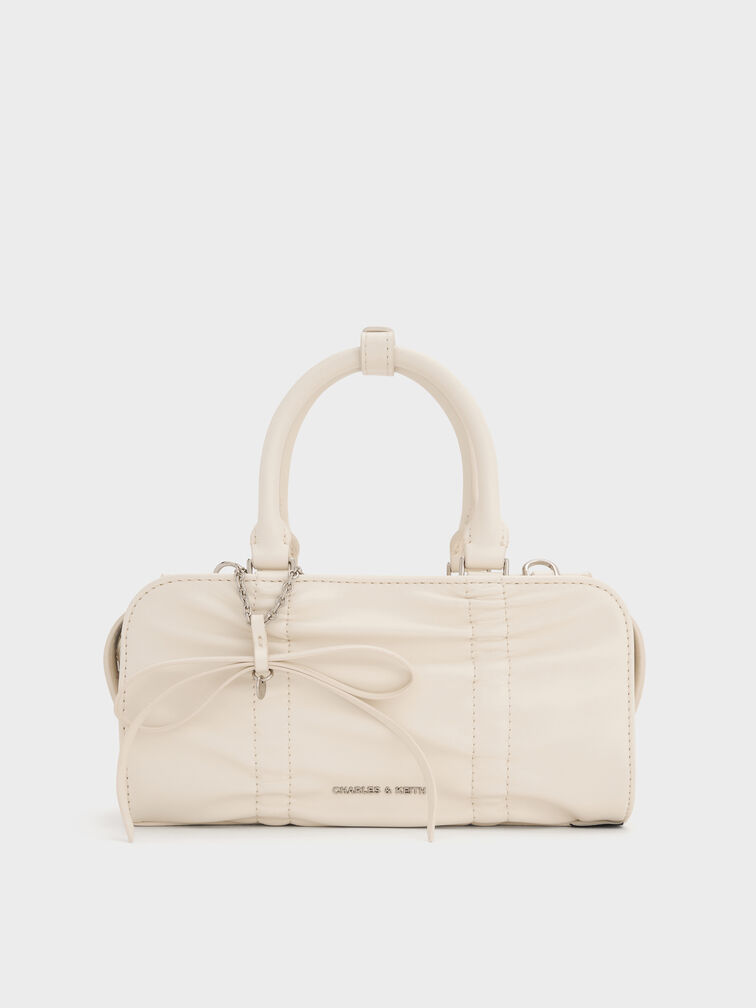 Kadee Ruched Bow-Charm Bowling Bag, Cream, hi-res