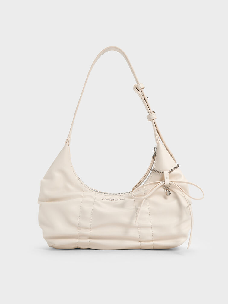 Kadee Ruched Bow-Charm Hobo Bag, Cream, hi-res