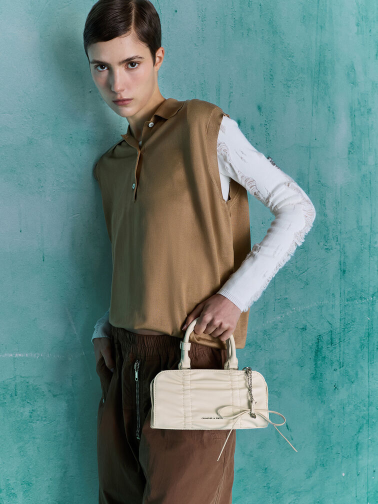 Kadee Ruched Bow-Charm Bowling Bag, Cream, hi-res