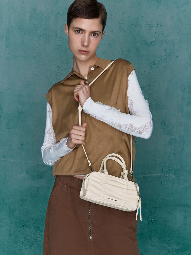 Kadee Ruched Bow-Charm Bowling Bag, Cream, hi-res