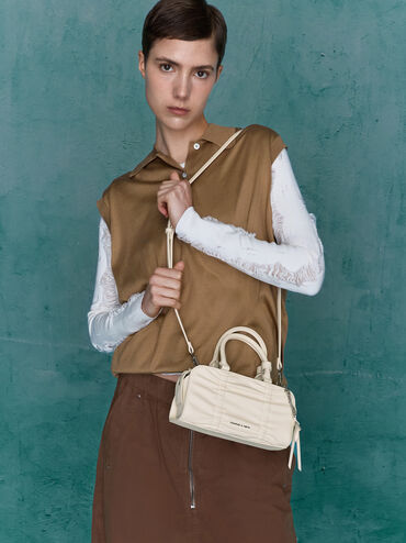 Kadee Ruched Bow-Charm Bowling Bag, Cream, hi-res