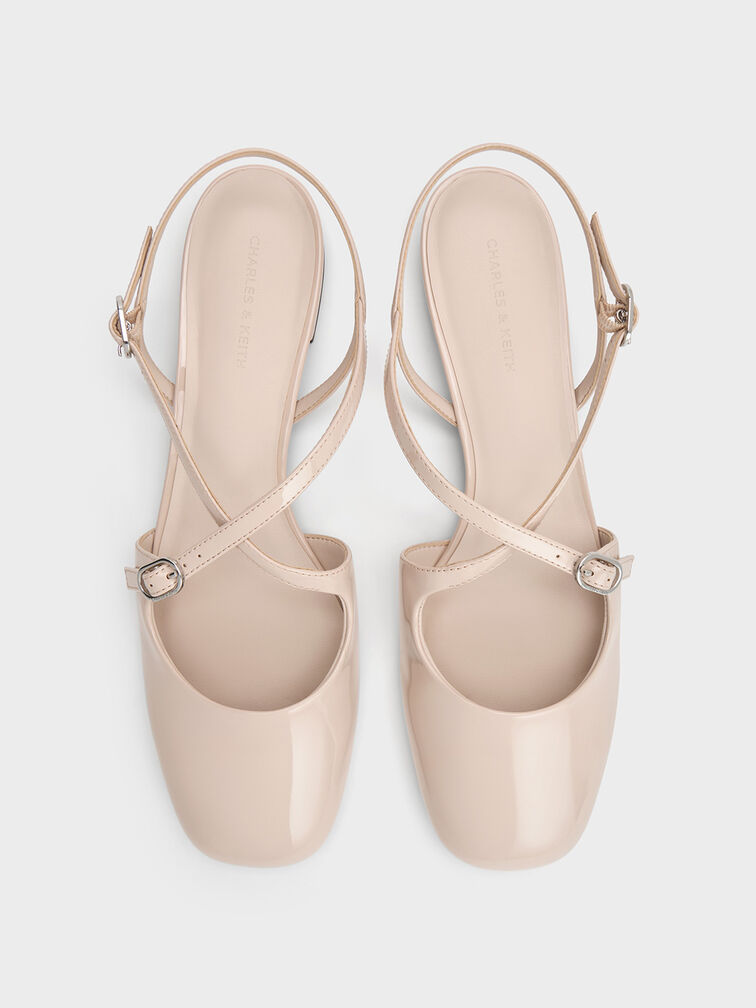Patent Crossover Buckled Slingback Flats, Nude, hi-res