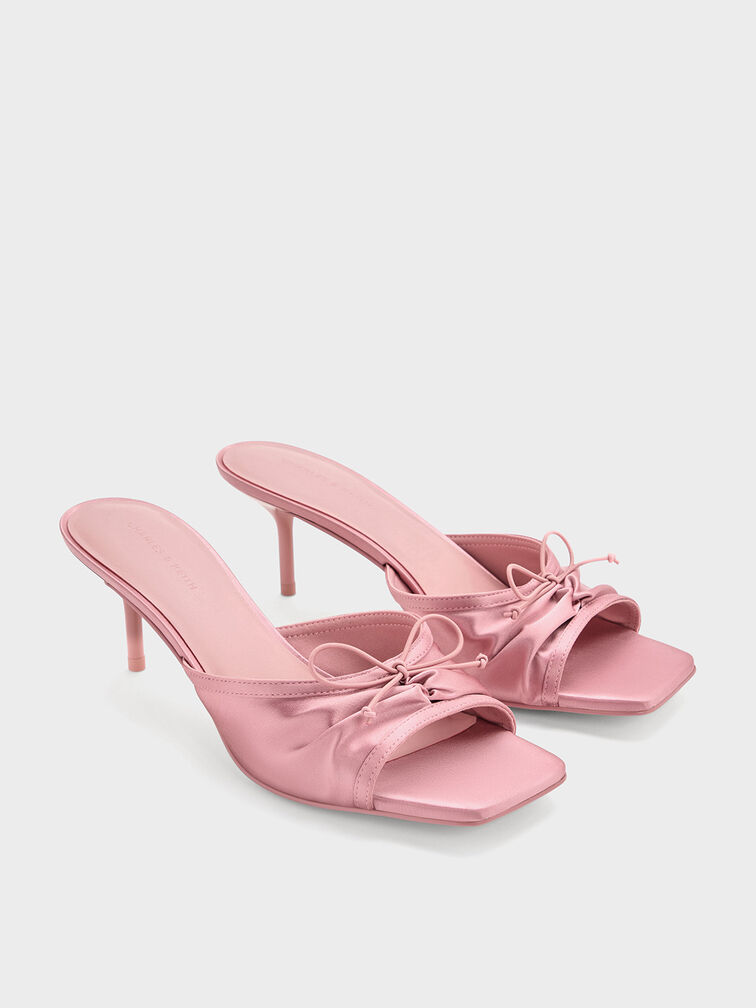 Satin Ruched Bow Heeled Mules, Pink, hi-res