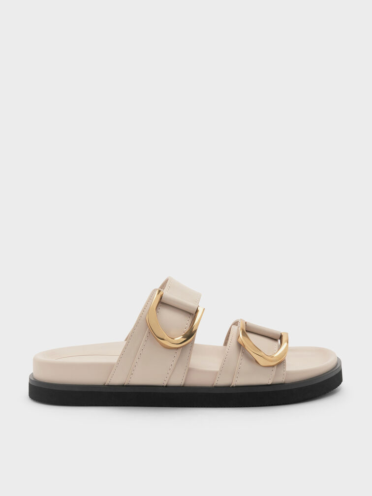 Gabine Gold-Buckle Leather Slides, Oat, hi-res
