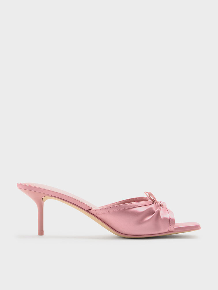 Satin Ruched Bow Heeled Mules, Pink, hi-res