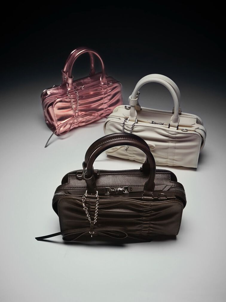 Kadee Ruched Bow-Charm Bowling Bag, Cream, hi-res