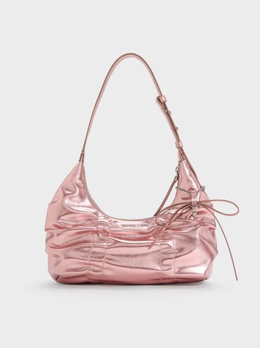 Kadee Metallic Ruched Bow-Charm Hobo Bag, Aura Pink, hi-res