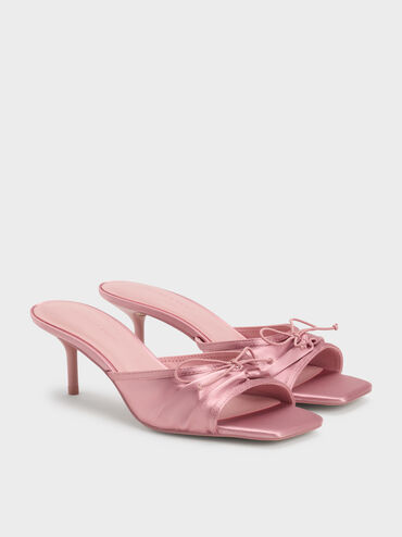 Sadira Satin Ruched Bow Heeled Mules, Pink, hi-res