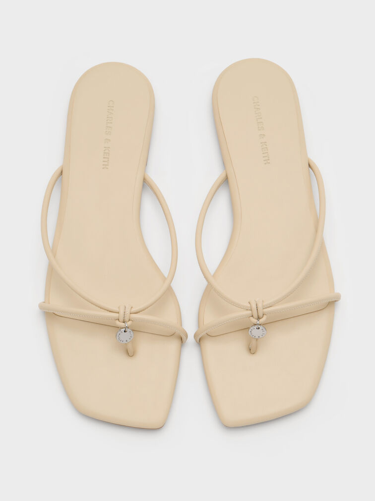 Metallic-Charm Strappy Thong Sandals, Beige, hi-res