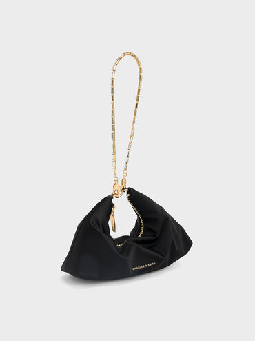 Satin Crystal-Embellished Chain-Handle Two-Way Bag, Black, hi-res