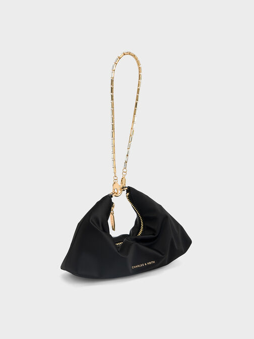 Satin Crystal-Embellished Chain-Handle Two-Way Bag, Black, hi-res