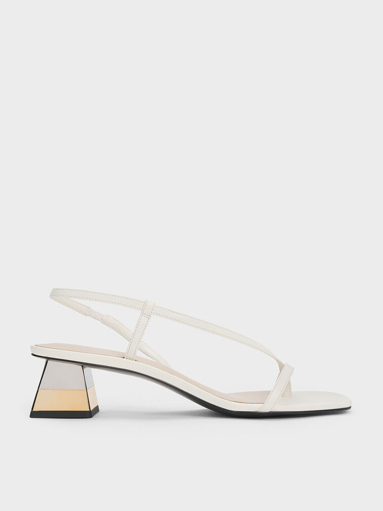 Metallic Trapeze Heel Thong Sandals, White, hi-res