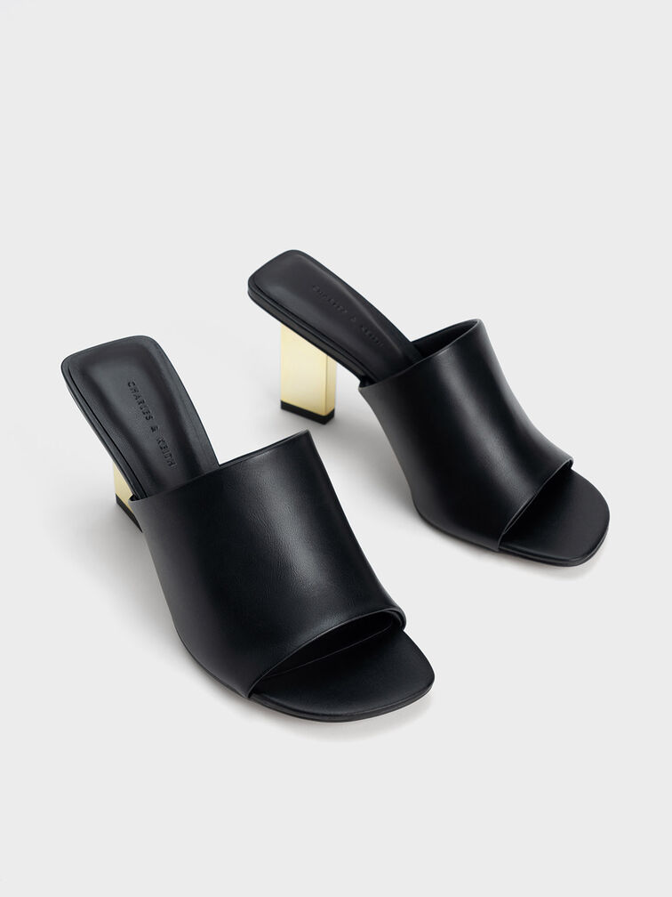 Metallic Blade Heel Mules, Black, hi-res
