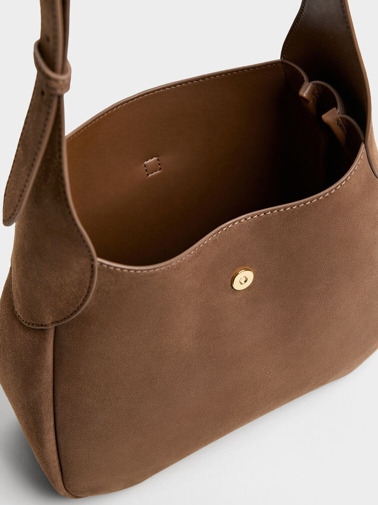 Adalyn Recycled Suede Metallic-Buckle Belted Hobo Bag, Mocha Brown, hi-res