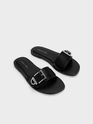 Metallic Buckle Slides, Black, hi-res