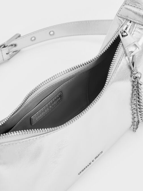 Atwood Crinkle-Effect Chain-Embellished Hobo Bag, Silver, hi-res