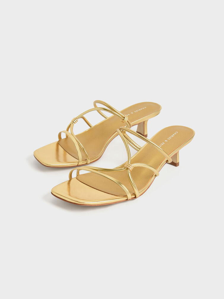 Metallic-Accent Strappy Mules, Gold, hi-res