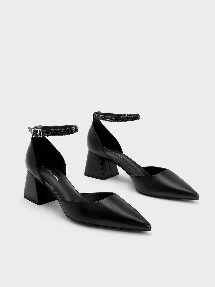 Beaded Ankle-Strap D'Orsay Pumps, Black, hi-res