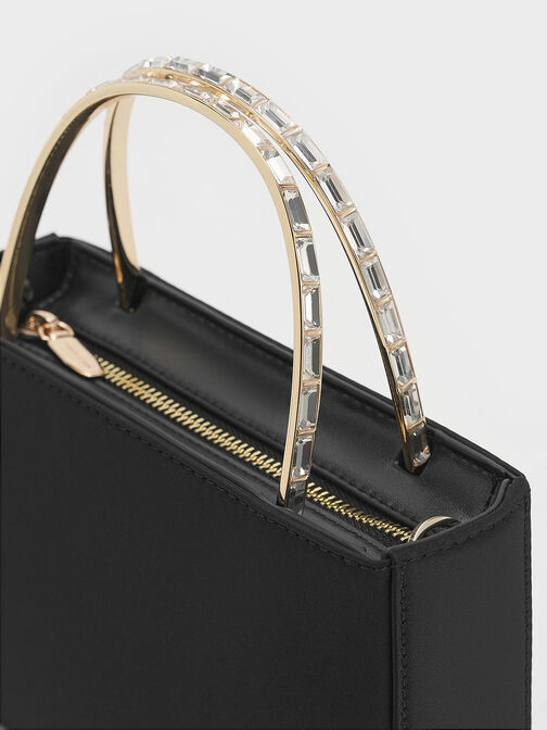 Satin Crystal-Embellished Top Handle Bag, Black, hi-res