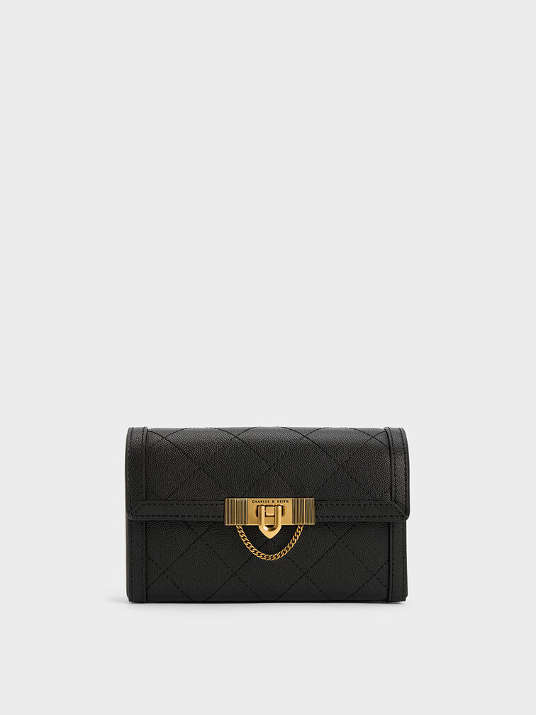 Tallulah Quilted Push-Lock Clutch, Black, hi-res