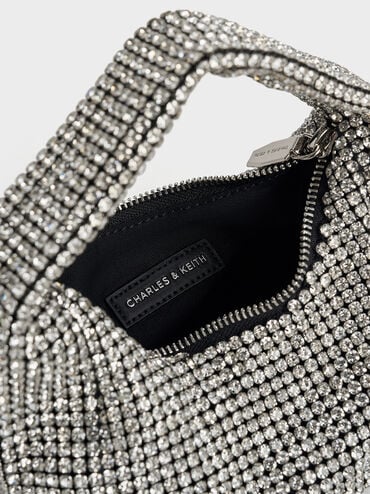 Crystal-Embellished Hobo Bag, Silver, hi-res