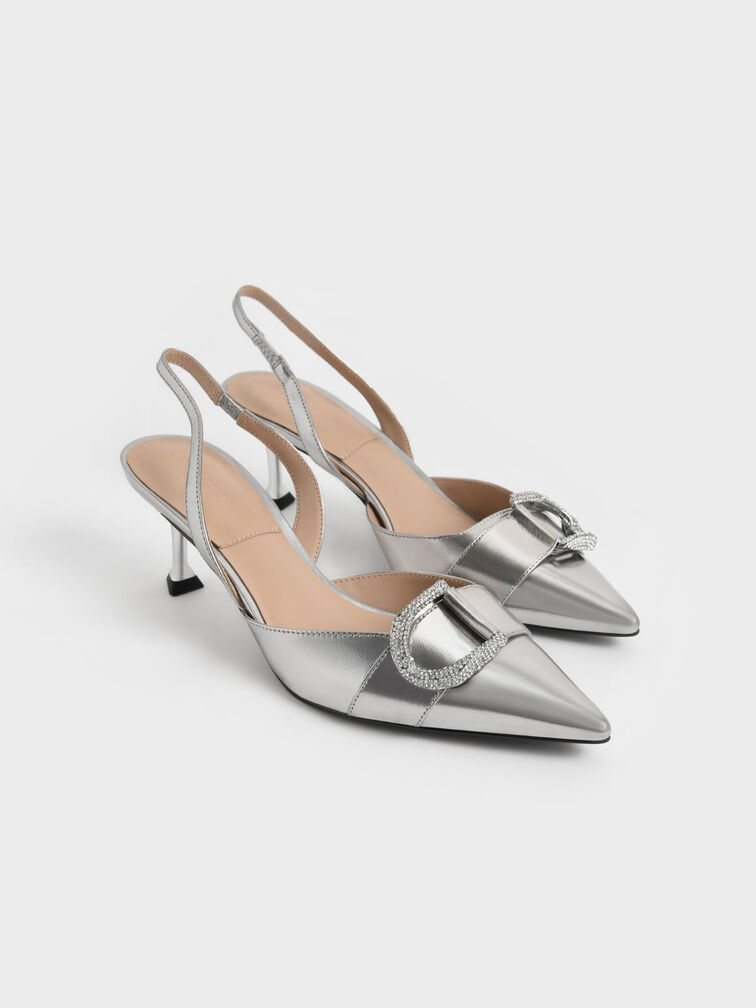 Gabine Gem-Embellished Slingback Pumps, Pewter, hi-res