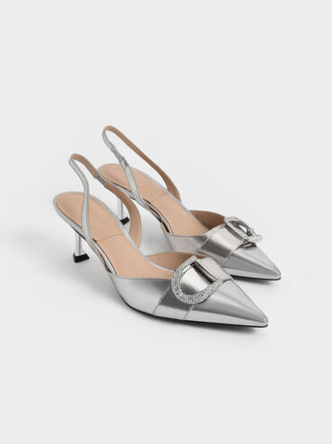 Gabine Gem-Embellished Slingback Pumps, Pewter, hi-res