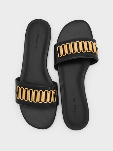 Metallic-Accent Slide Sandals, Black, hi-res