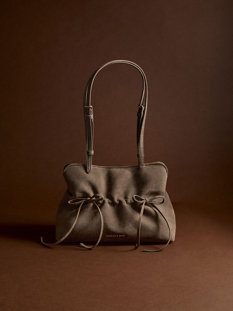 Reese Ruched Bow Shoulder Bag, Stone Grey, hi-res