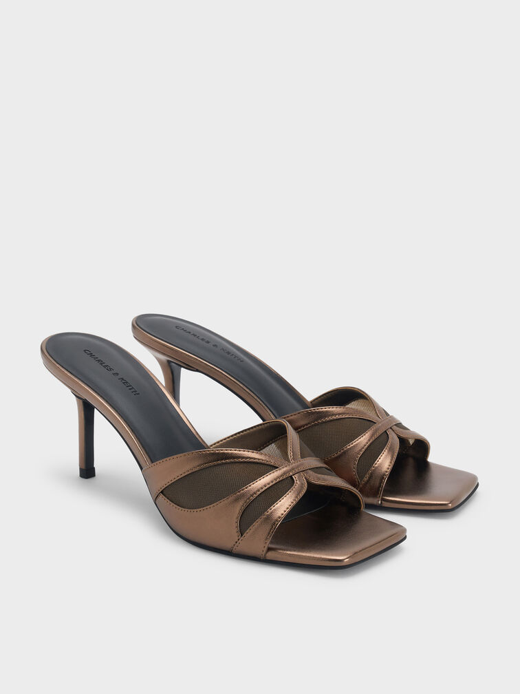 Metallic Mesh Heeled Mules, Bronze, hi-res
