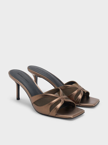 Metallic Mesh Heeled Mules, Bronze, hi-res