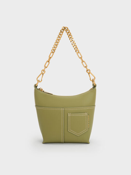 Anthea Contrast-Trim Shoulder Bag, Olive, hi-res
