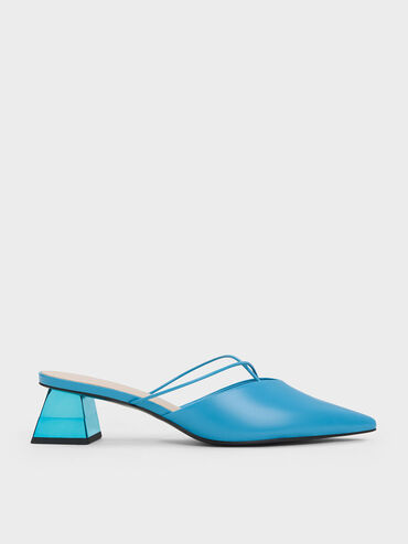 Metallic Trapeze Heel Crossover Mules, Blue, hi-res