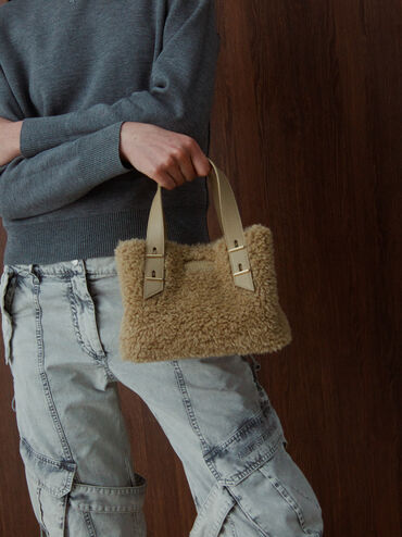 Mini Shania Faux Shearling Double-Handle Tote Bag, Nutmeg Beige, hi-res